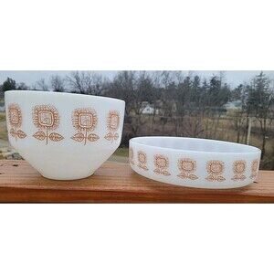 Lot of FEDERAL GLASS White Casserole Bowl Dish Brown Sunflower 1.5qt 1960's